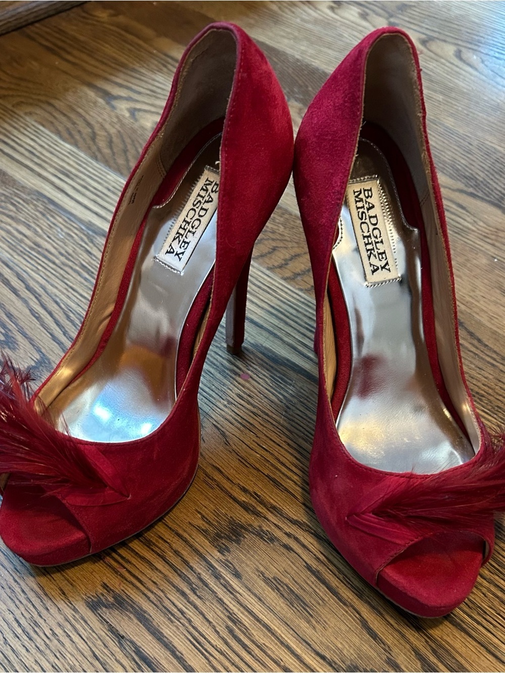Badgley Mischka Red Suede Peep-Toe Stiletto Heels with Feather Accent 0097